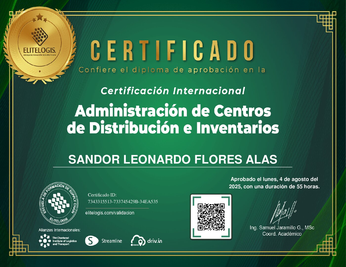 Certificado de Sandor Leonardo Flores Alas