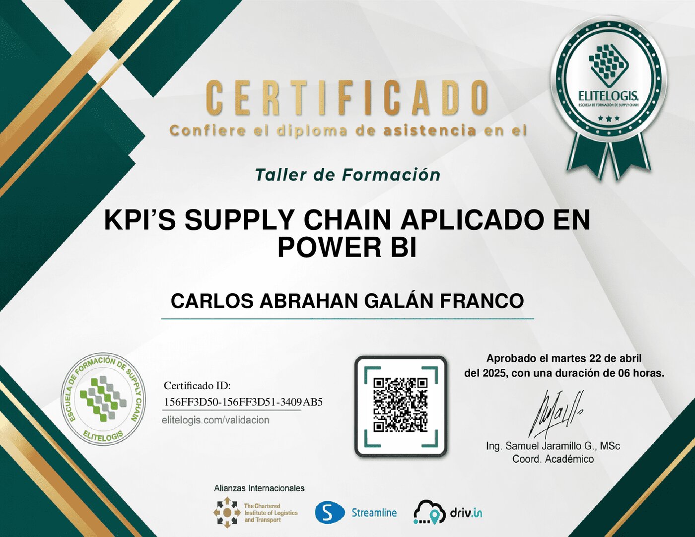 Certificado de Carlos Abrahan Galán Franco