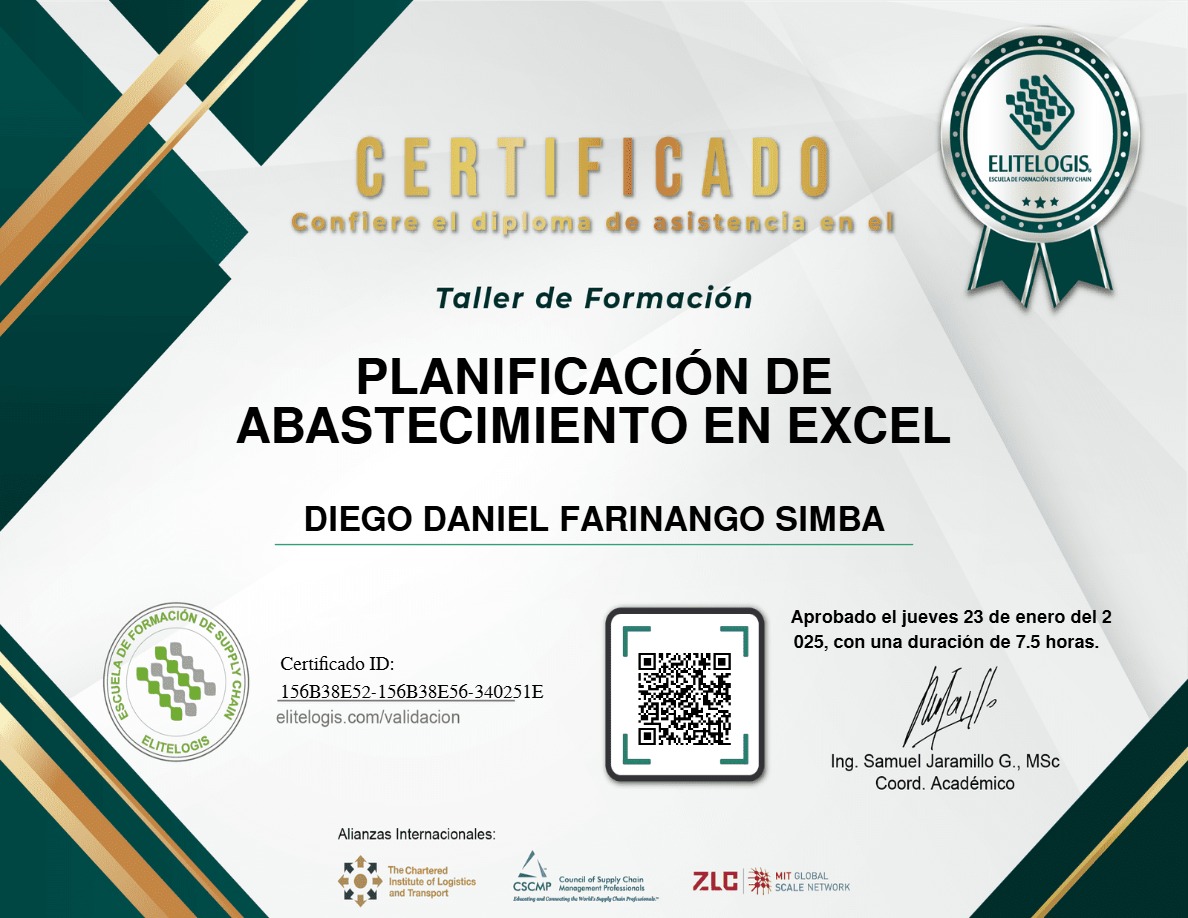 Certificado de Diego Daniel Farinango Simba