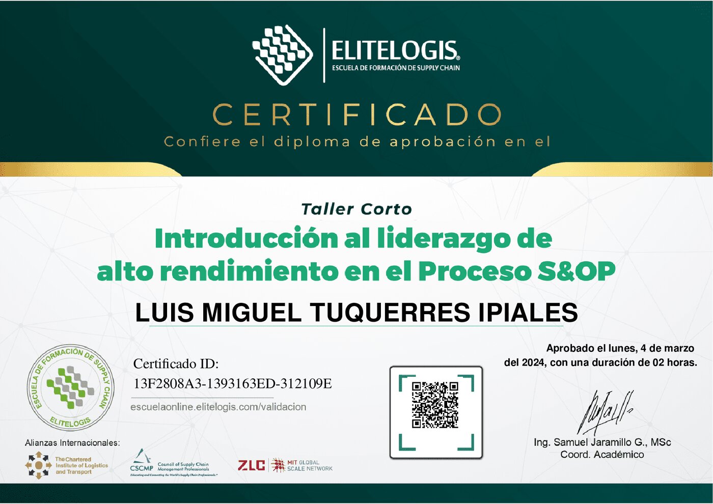Certificado de Luis Miguel Tuquerres Ipiales